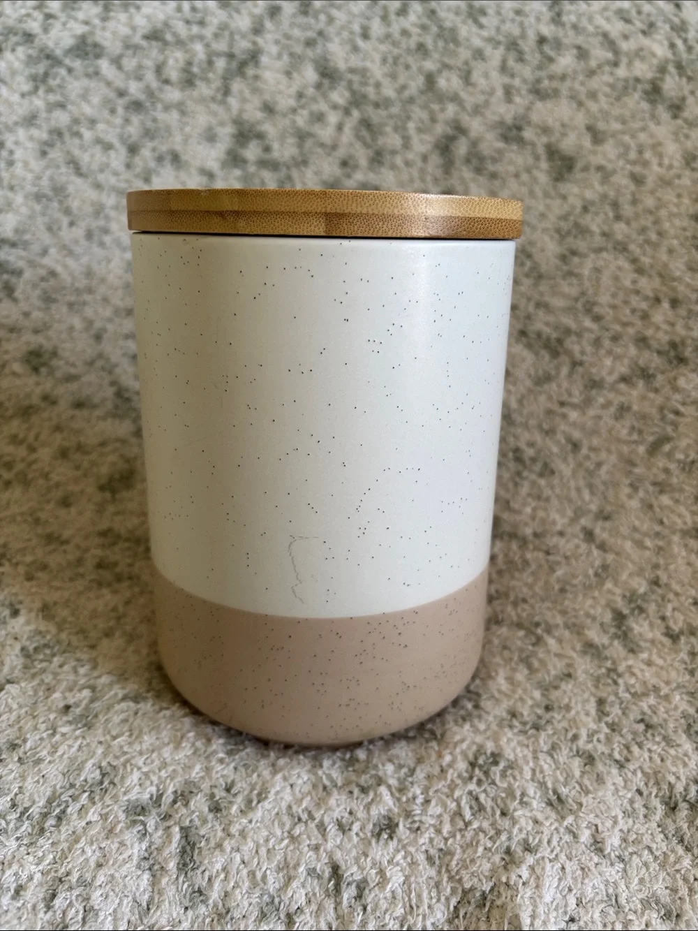 Vancasso Stoneware Speckled Ceramic Canister with Bamboo Lid NWT 6.5x4.5”